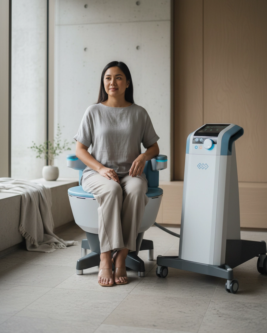 Woman sitting on EMSELLA chair at Revita Wellness